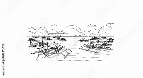 Many boats on the water with mountains and a sunset in the background