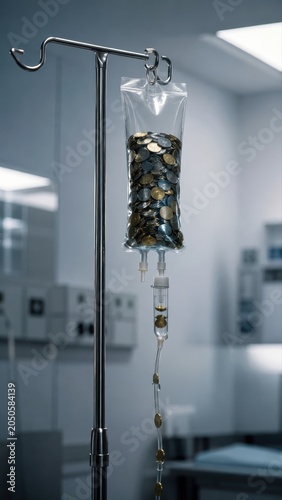 IV Drip Bag Filled with Coins in Hospital Representing Medical Inflation