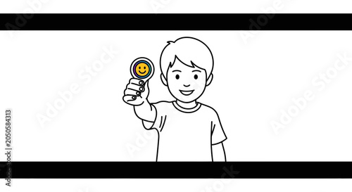 Happy Boy Holding Smiley Face Lollipop, Joyful Childhood Moment, Simple Drawing Style
