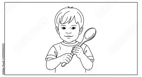 Happy boy holding a large spoon, isolated on white background, illustration