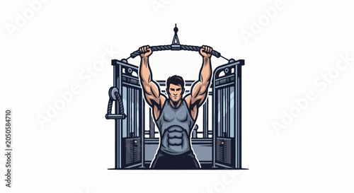 Muscular man exercising on a lat pulldown machine in a gym