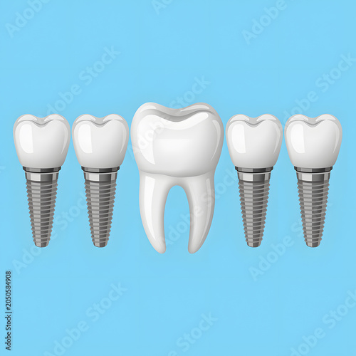 A dental implant and four artificial teeth on screws against a light blue background