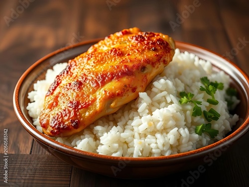 Crisp golden-brown chicken fillet on a bed of fluffy white rice, round plate, dinner