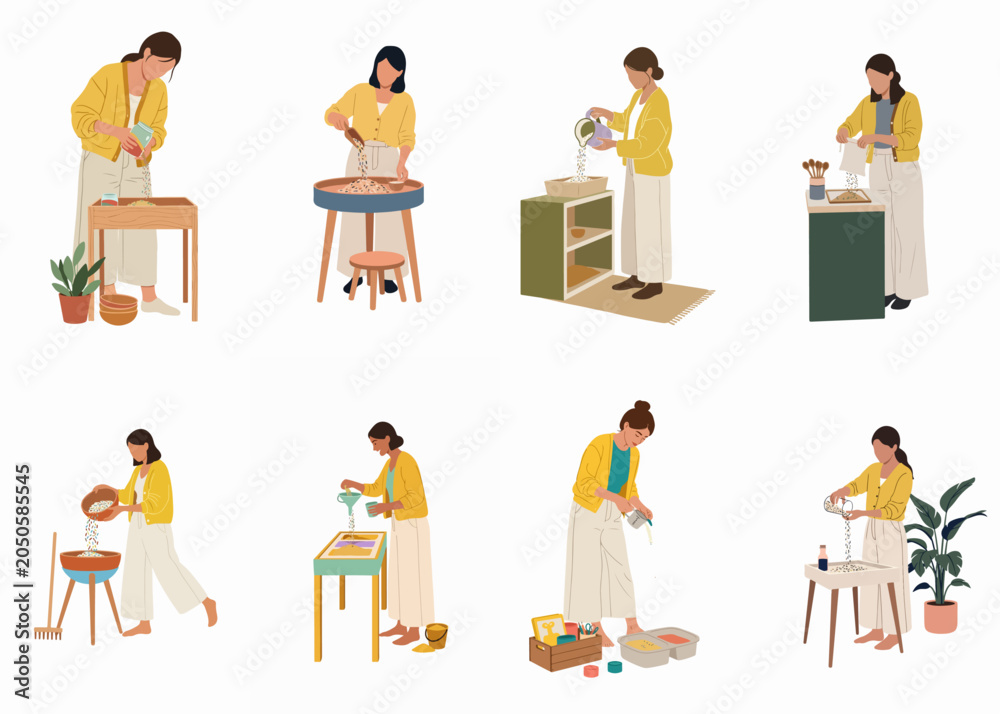 Fototapeta premium Set of flat vector illustrations depicting professional film crew members and grips setting up studio equipment, stands, and sandbags on a white background.