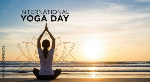 Peaceful water reflection showing a calm silhouette of a woman meditating outdoors during a beautiful international yoga day sunset