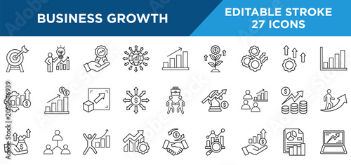 Business growth line icons set with growth, market expansion, performance, gain, business, expansion, revenue, and success concepts. Editable stroke vector collection.