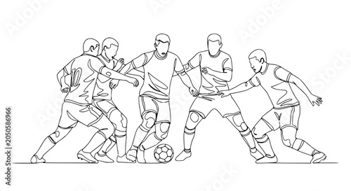 Fotografi Continuous line drawing of five soccer players fighting for ball, dynamic action