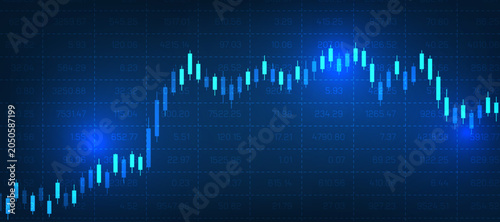 Candlestick financial chart displaying stock market trends and technical analysis indicators.