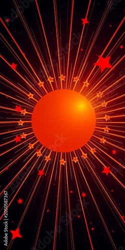 Sunburst design with retro stars and red sparkles, shape, trendy