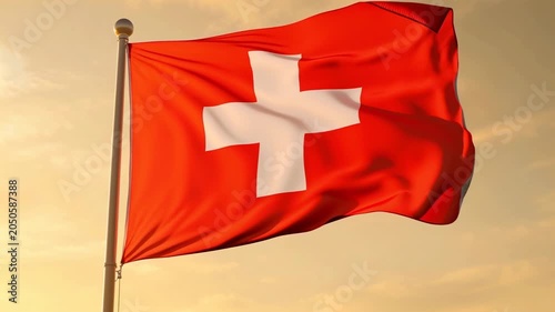Swiss flag waving on flagpole against golden sunset sky