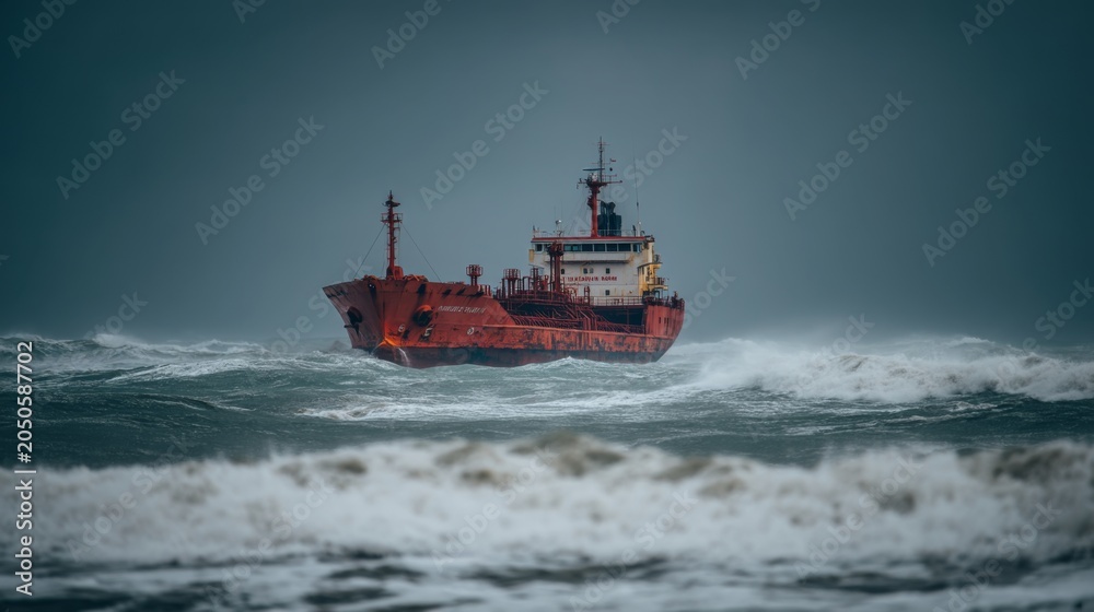 Fototapeta premium Stranded Cargo Ship in Turbulent Ocean Waves Under Stormy Sky Captures Essence of Maritime Struggles and Nature’s Power on a Gloomy Day
