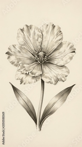 Vintage Botanical Illustration of a Single Blooming Flower with Leaves