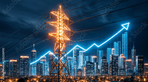 Power Grid Growth: A towering electric pylon glows with energy against a futuristic cityscape, symbolizing the exponential growth of power infrastructure and technological advancement.