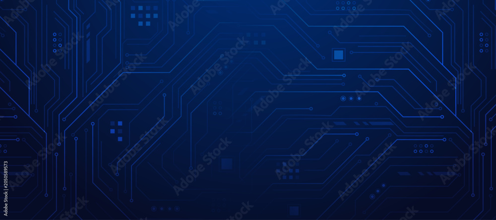 Obraz premium Deep blue technical background featuring circuit board traces with copy space on left side.
