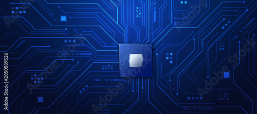 Fotografía Abstract blue circuit board background with central microchip and electronic digital connections