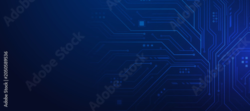 Schilderij op canvas Circuit board background in blue with glowing lines representing electronic connections and digital data flow