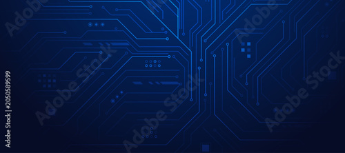 Fotografie Dark blue technology background with complex electronic circuit patterns and geometric shapes