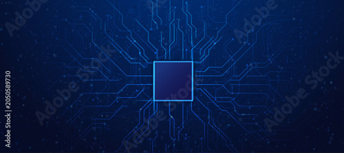 Fotografija Central processing unit or CPU on a circuit board with glowing lines symbolizing high-speed data transfer and network connections