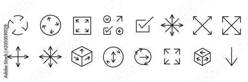 Resize icon showcasing expand and reduce arrow symbols, dimension control features, scaling adjustments, user interface functions, editing utilities, and navigation graphics, vector, designs