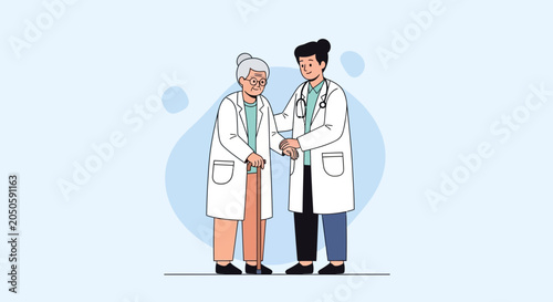 Doctor Assisting Elderly Patient with Walking Cane, Healthcare Support and Compassion