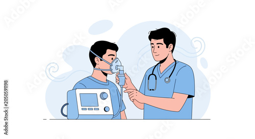 Doctor assisting patient with nebulizer treatment for respiratory illness, modern flat illustration style