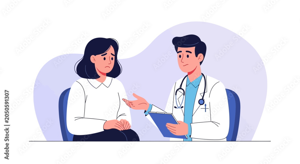 Fototapeta premium Doctor consulting a worried patient about health issues, vector illustration of medical consultation and healthcare discussion