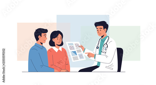 Doctor Consulting Couple About Medical Results in Modern Flat Illustration Style