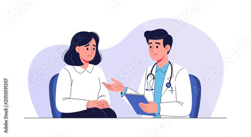 Doctor consulting a worried patient about health issues, vector illustration of medical consultation and healthcare discussion