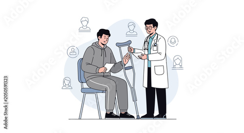 Doctor Consulting Injured Patient with Crutches, Healthcare and Medical Assistance Concept