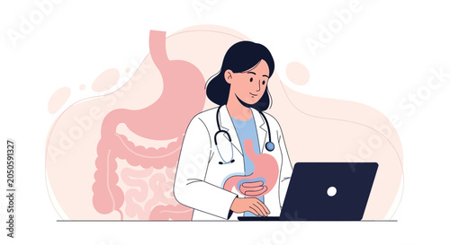 Doctor Consulting Online with Digital Stomach Anatomy Display, Representing Gastroenterology and Healthcare Technology