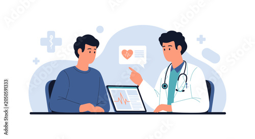 Doctor consulting patient about health check-up and medical results on tablet, healthcare concept illustration