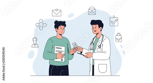 Doctor consulting patient, discussing health record and prescription, medical consultation, flat vector illustration