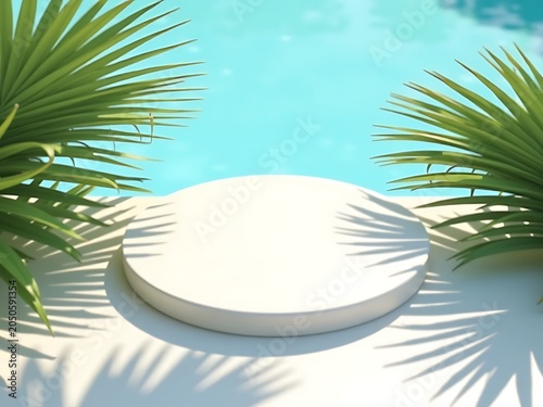 Blank Cylinder Pedestal Stage on Summer Water Background with Natural Sunlight and Botanical Shadows