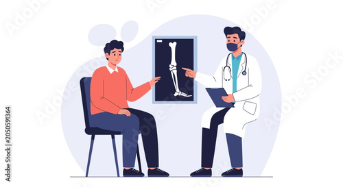 Doctor consulting patient about leg x-ray, medical diagnosis and healthcare concept, flat design illustration.
