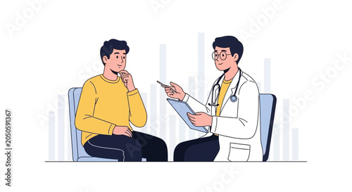 Doctor consulting patient, discussing health. Modern flat vector illustration for medical, healthcare, and wellness concepts.