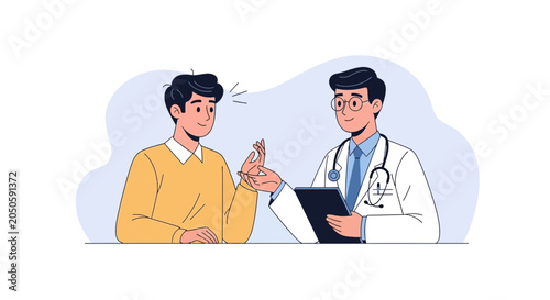 Doctor consulting patient in a modern flat illustration style, medical consultation and healthcare concept