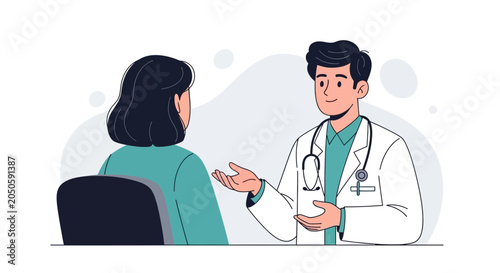 Doctor consulting patient in a modern flat illustration style, discussing health and well-being