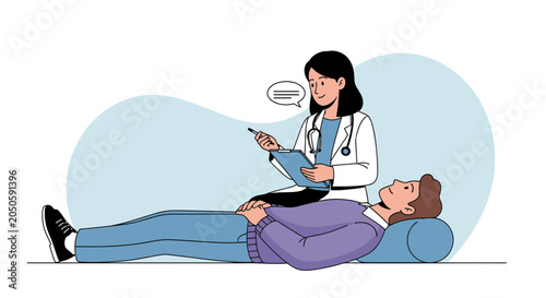 Doctor consulting patient lying down, healthcare consultation, medical check-up, doctor-patient relationship, communication