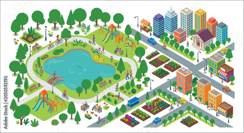 Schilderij op canvas Isometric City Park Illustration With Buildings And Recreational Areas