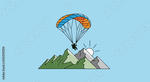 Person paragliding over mountains with sun rising