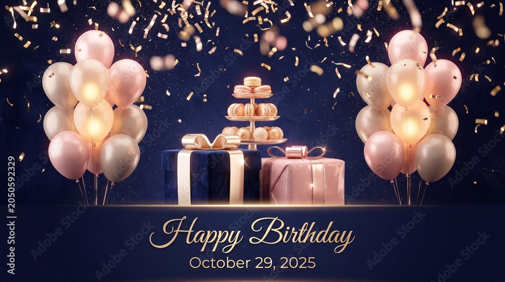 Fototapeta premium Celebration backdrop with balloons, confetti, and gold accents for a party