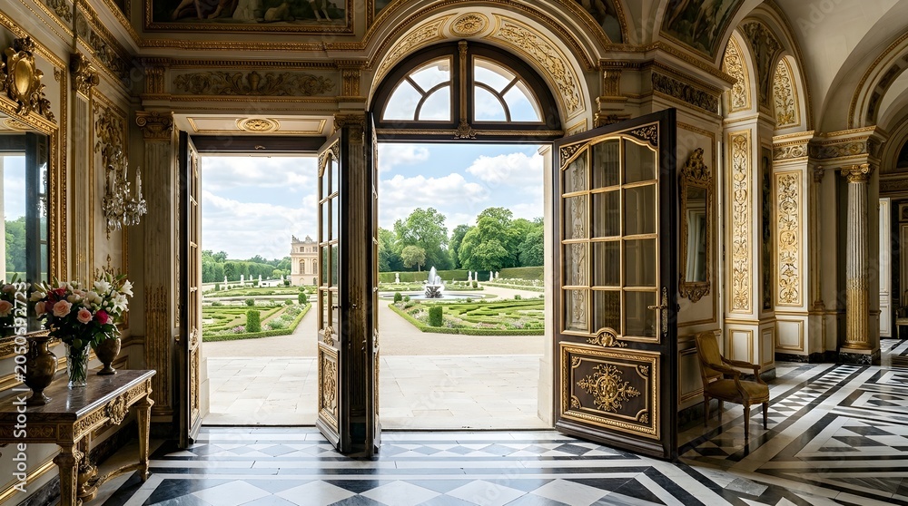 Fototapeta premium View through grand arched doorway of an ornate historic palace hall opens to a beautiful formal garden landscape with manicured greenery and distant architecture under a cloudy sky on a sunny