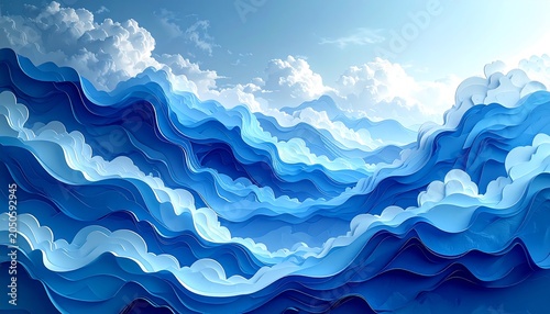 An abstract, stylized depiction of ocean waves cresting under a bright, cloud-filled sky, rendered in shades of blue