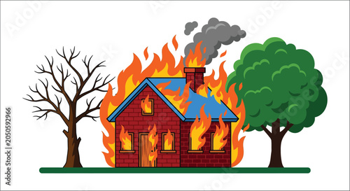 Quadro em tela Burning house with trees and smoke vector illustration