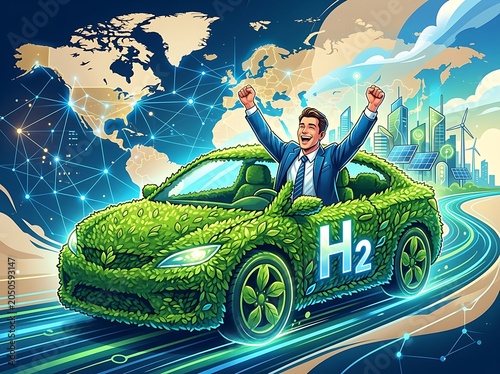 Businessman in green car with arms raised