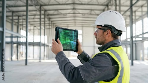 Construction worker using digital tablet with 3D model empty warehouse showcasing technology safety concept and industrial work
