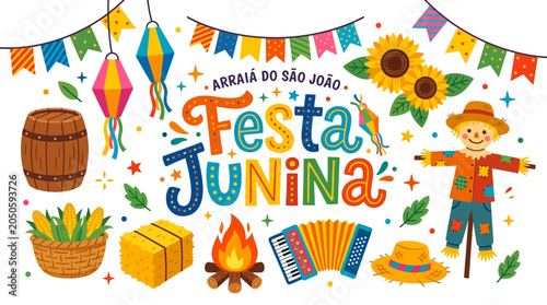 Photos Festa junina brazilian festival elements with scarecrow and bonfire