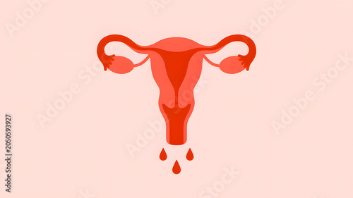 A graphic illustration of a female uterus with blood droplets symbolizing menstruation