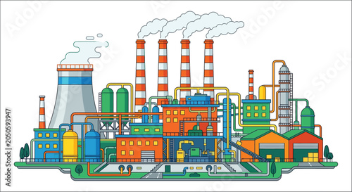 Konstfotografi Industrial complex illustration with smokestacks and factory buildings vector gr