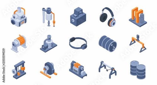 Фотография Isometric icons representing industrial equipment, machinery, and tools for manufacturing and production processes
